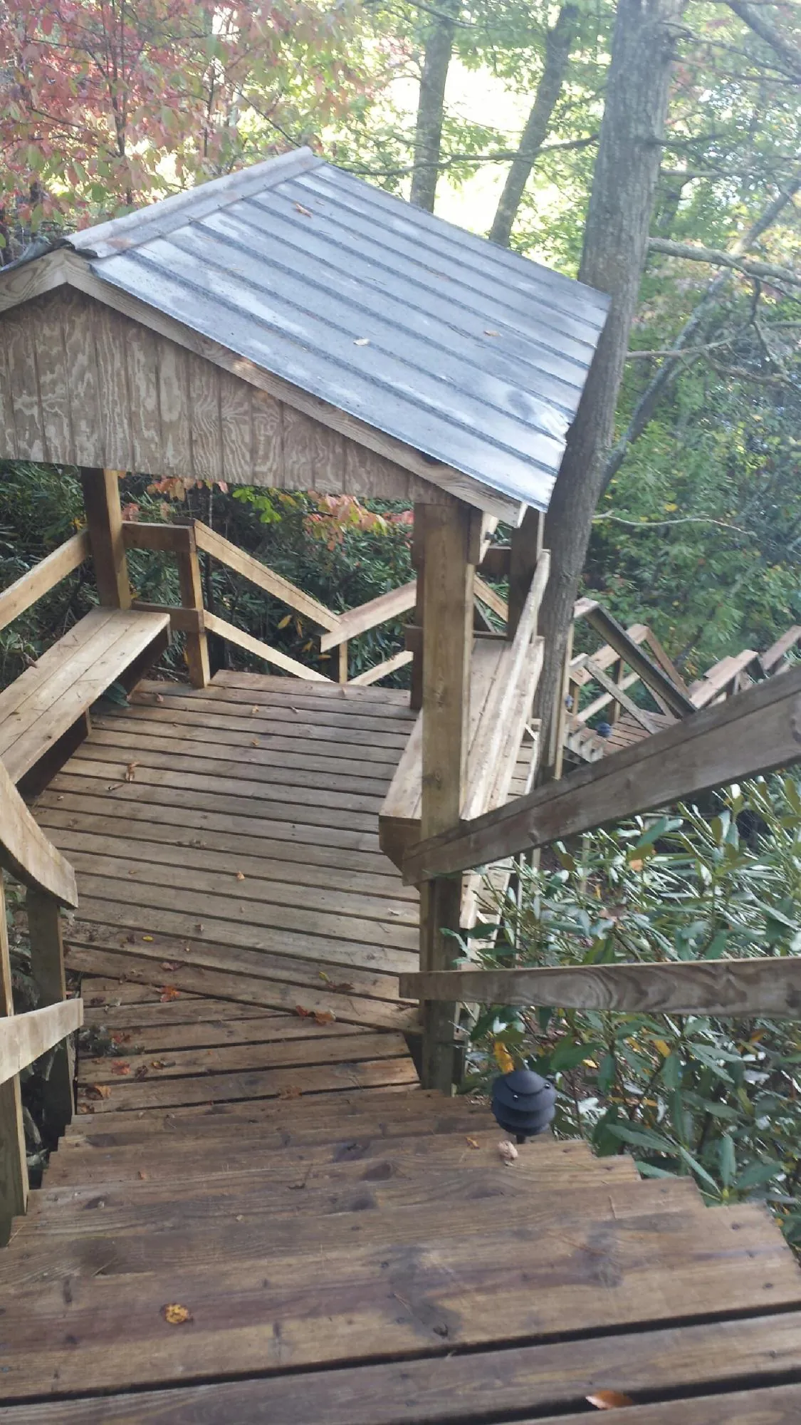 Metal roofed shelter over wooden steps on a wooded walkway — Skylight Repair & Installation work by our crew in Lehi